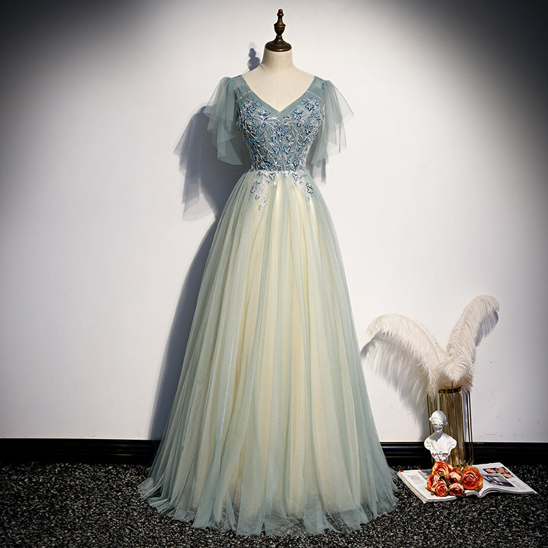 Lovely Tulle with Beaded V-neckline Long Party Dress