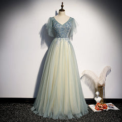 Lovely Tulle with Beaded V-neckline Long Party Dress