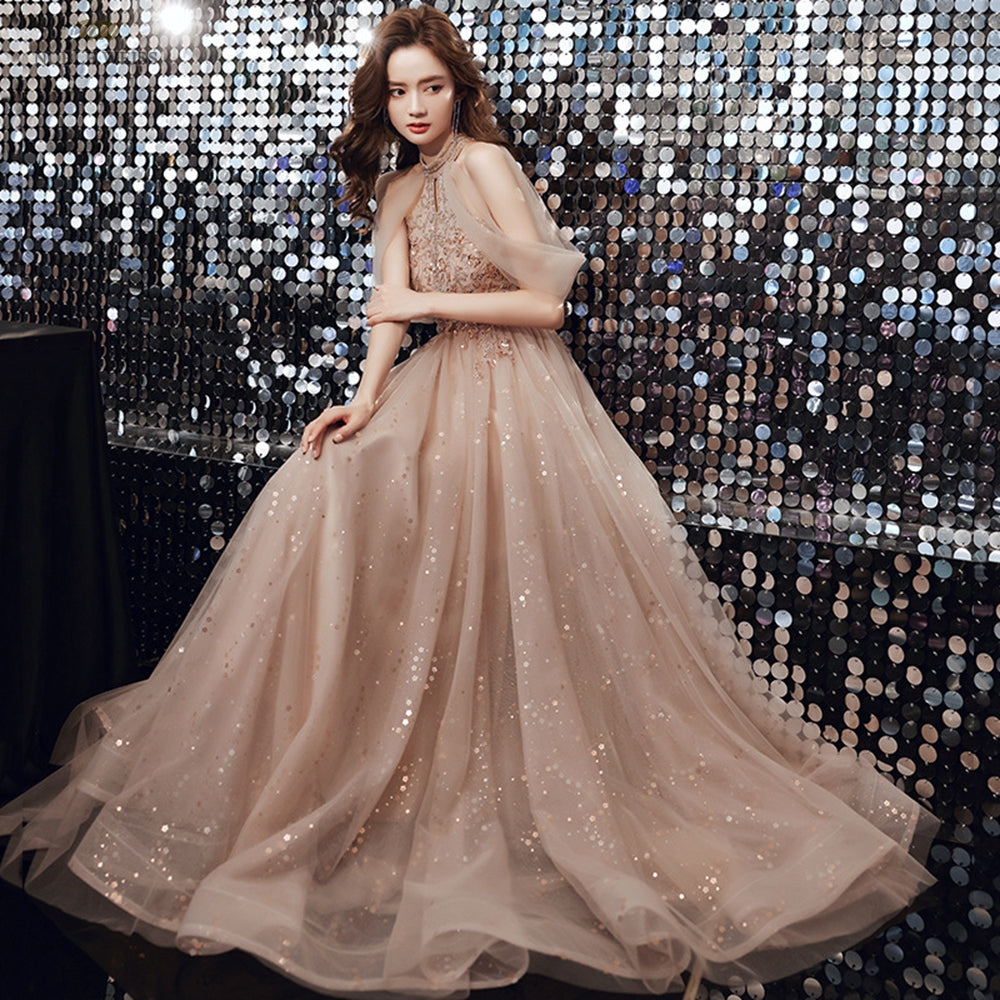 Champagne Tulle Haler Beaded Shiny Long Party Dress