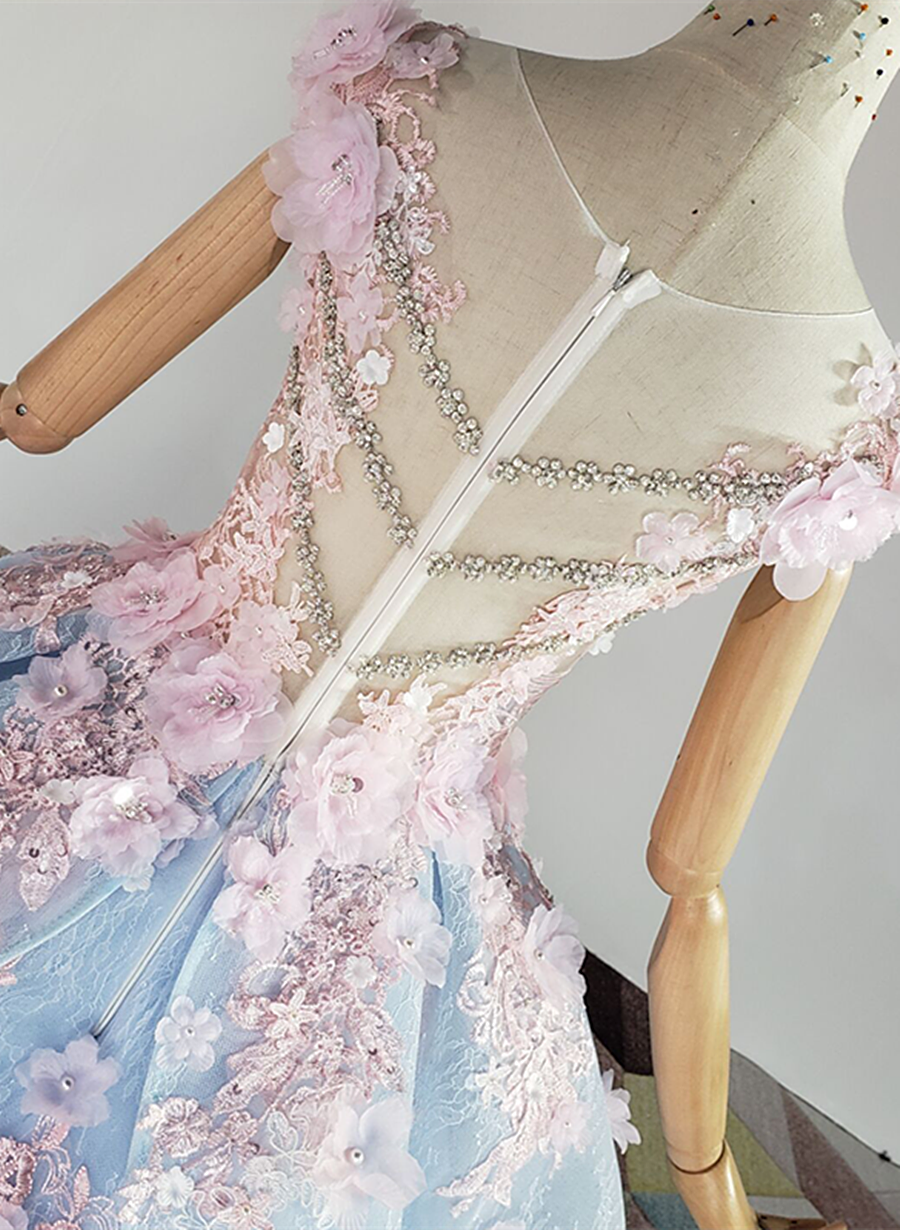 Blue and Pink Ball Gown Tulle with Flowers Sweet 16 Dress