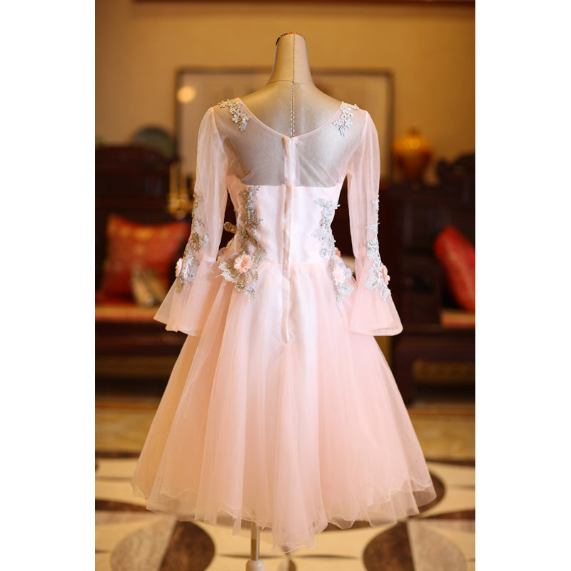 Adorable Pink Tulle Knee Length Long Sleeves Party Dress