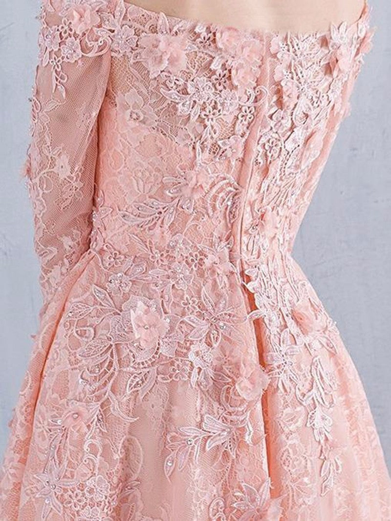 Vestido de fiesta elegante con hombros descubiertos y mangas 1/2 de encaje rosa 