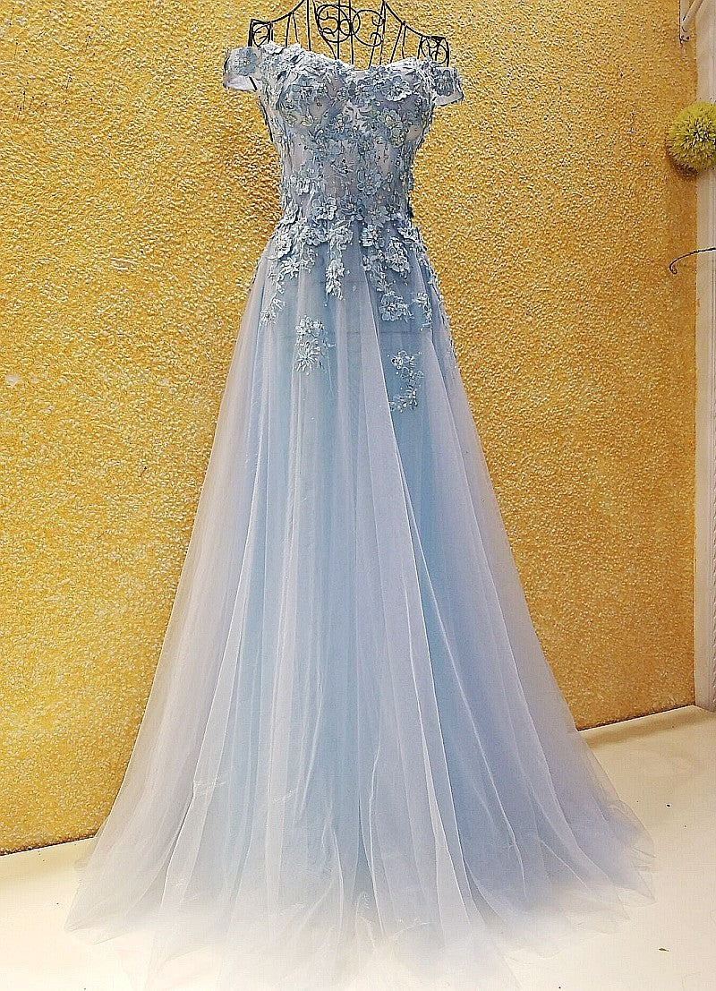 Light Blue Off Shoulder Long Party Dress with Flowers