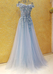 Light Blue Off Shoulder Long Party Dress with Flowers
