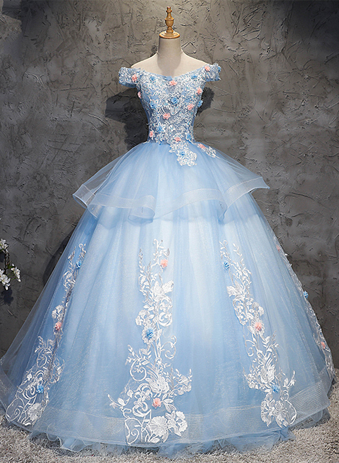 Vestido de fiesta azul glamuroso de tul con encaje y flores para dulces 16 