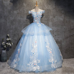 Vestido de fiesta azul glamuroso de tul con encaje y flores para dulces 16 