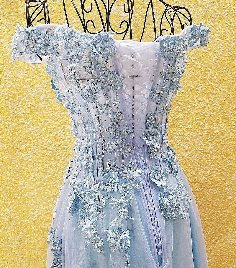 Light Blue Off Shoulder Long Party Dress with Flowers