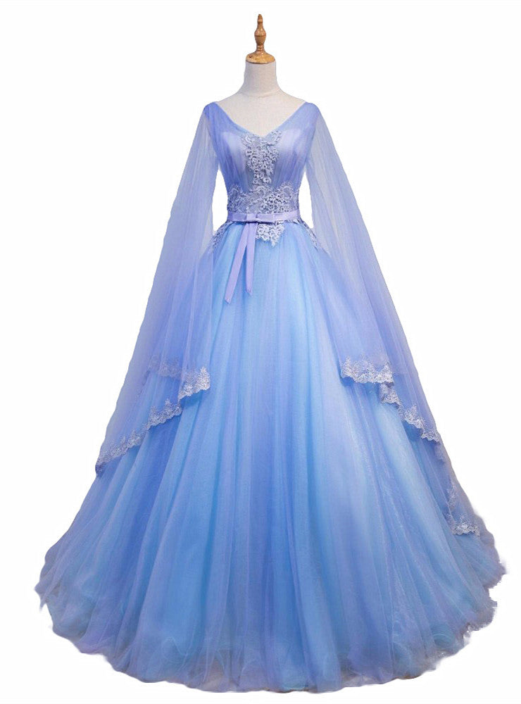 Hermoso vestido de fiesta azul con escote en V y mangas largas 