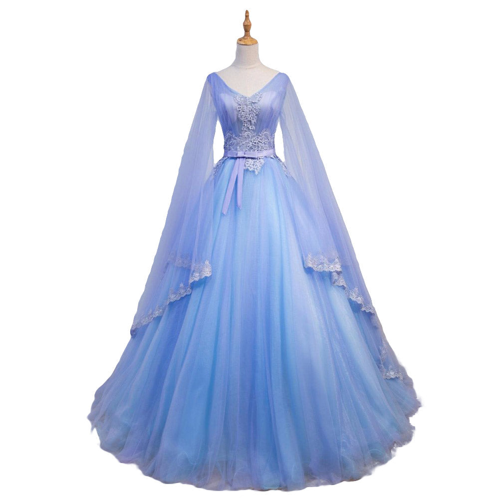 Hermoso vestido de fiesta azul con escote en V y mangas largas 