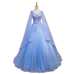 Hermoso vestido de fiesta azul con escote en V y mangas largas 