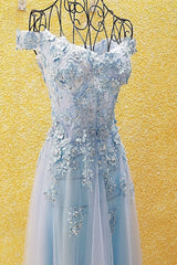 Light Blue Off Shoulder Long Party Dress with Flowers