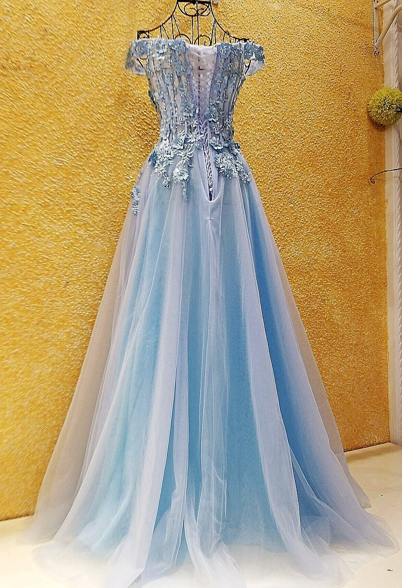 Light Blue Off Shoulder Long Party Dress with Flowers