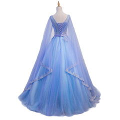Hermoso vestido de fiesta azul con escote en V y mangas largas 
