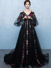 Black Lace Floral Tulle Unique Long Formal Dress