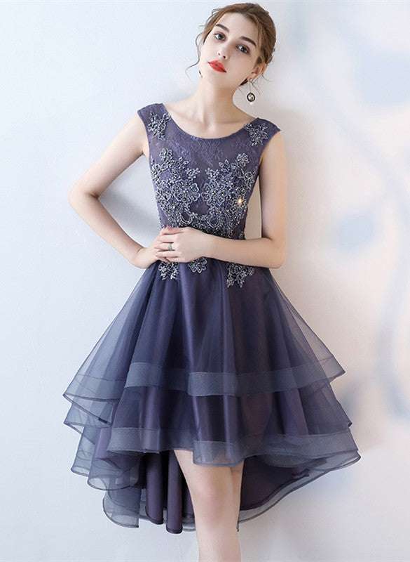 Fashionable High Low Round Neckline Lace Homecoming Dresses