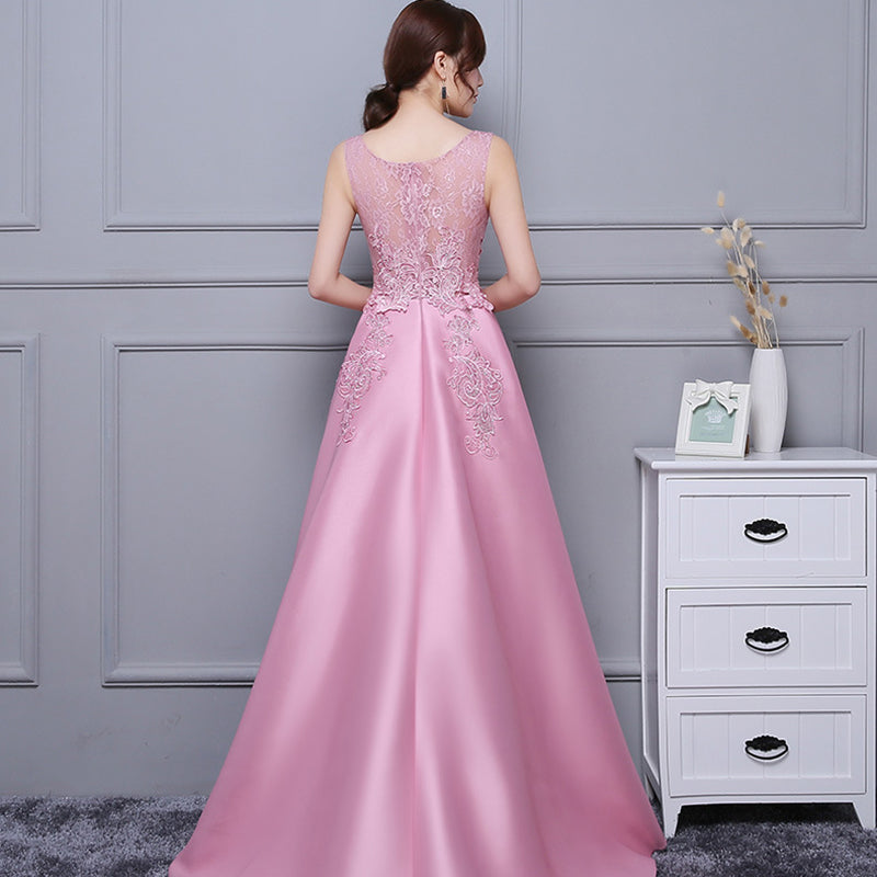 Beautiful Pink High Low Satin and Lace Homecoming Dress