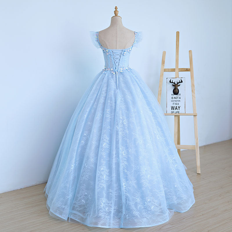 Precioso vestido de fiesta de quinceañera con mangas cortas y encaje azul claro 