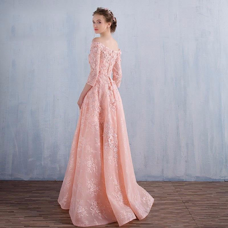 Vestido de fiesta elegante con hombros descubiertos y mangas 1/2 de encaje rosa 