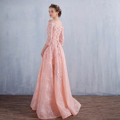Vestido de fiesta elegante con hombros descubiertos y mangas 1/2 de encaje rosa 