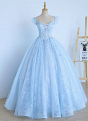 Precioso vestido de fiesta de quinceañera con mangas cortas y encaje azul claro 