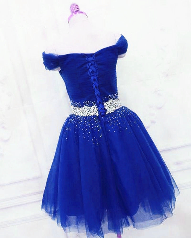 Lovely Blue Tulle Off Shoulder Short Prom Dress
