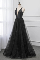 Vestido de fiesta negro con escote en V, tul y satén, tirantes largos y espalda cruzada 