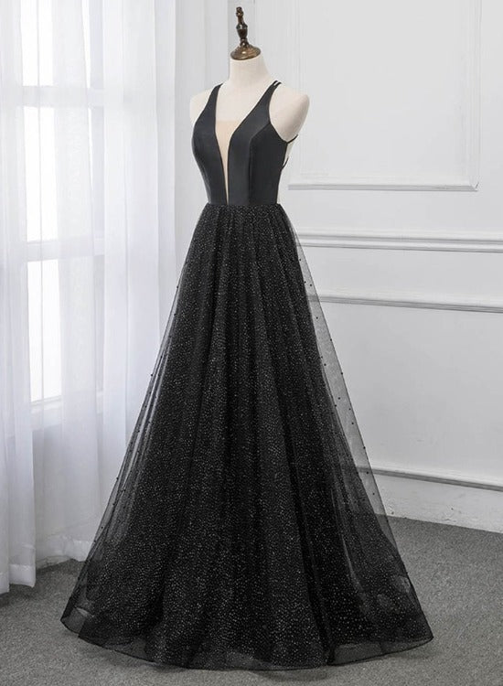 Vestido de fiesta negro con escote en V, tul y satén, tirantes largos y espalda cruzada 