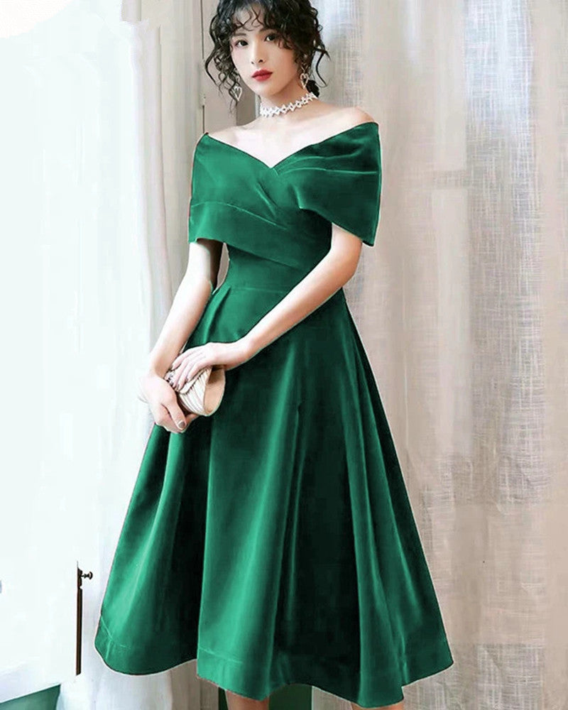 Green Velvet Off Shoulder Tea Length Party Dresses