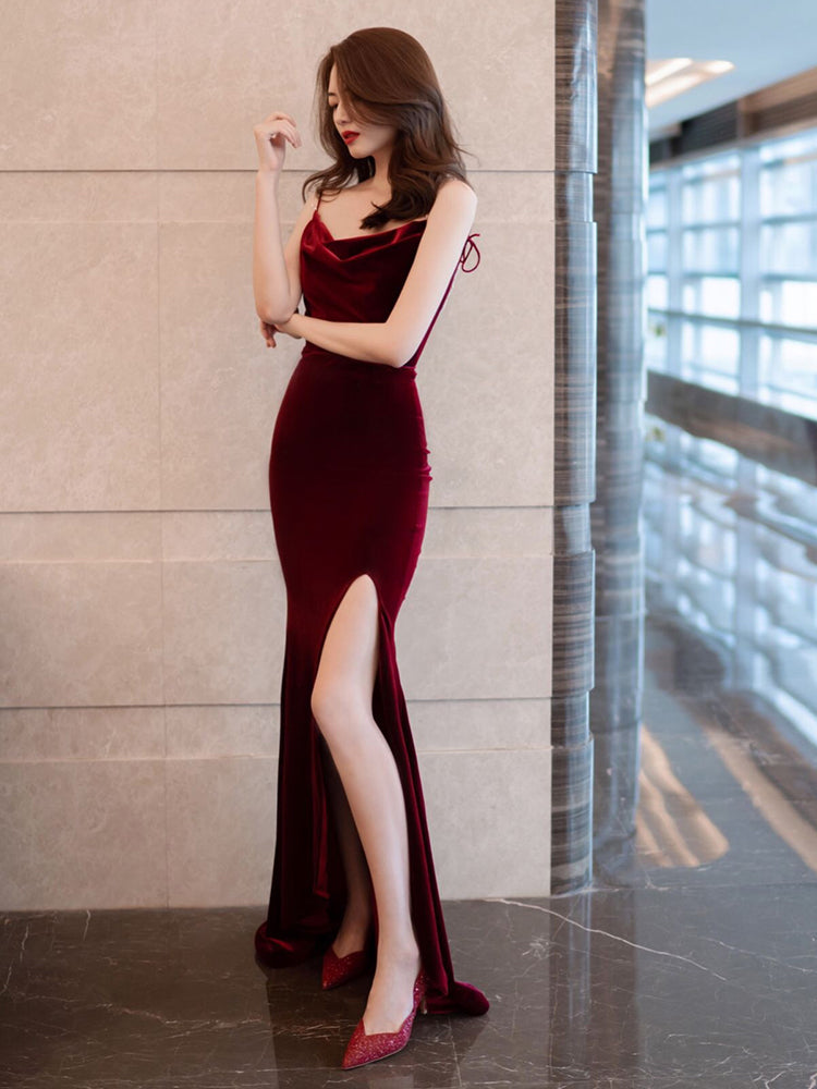 Burgundy Velvet Floor Length Mermaid Prom Dress