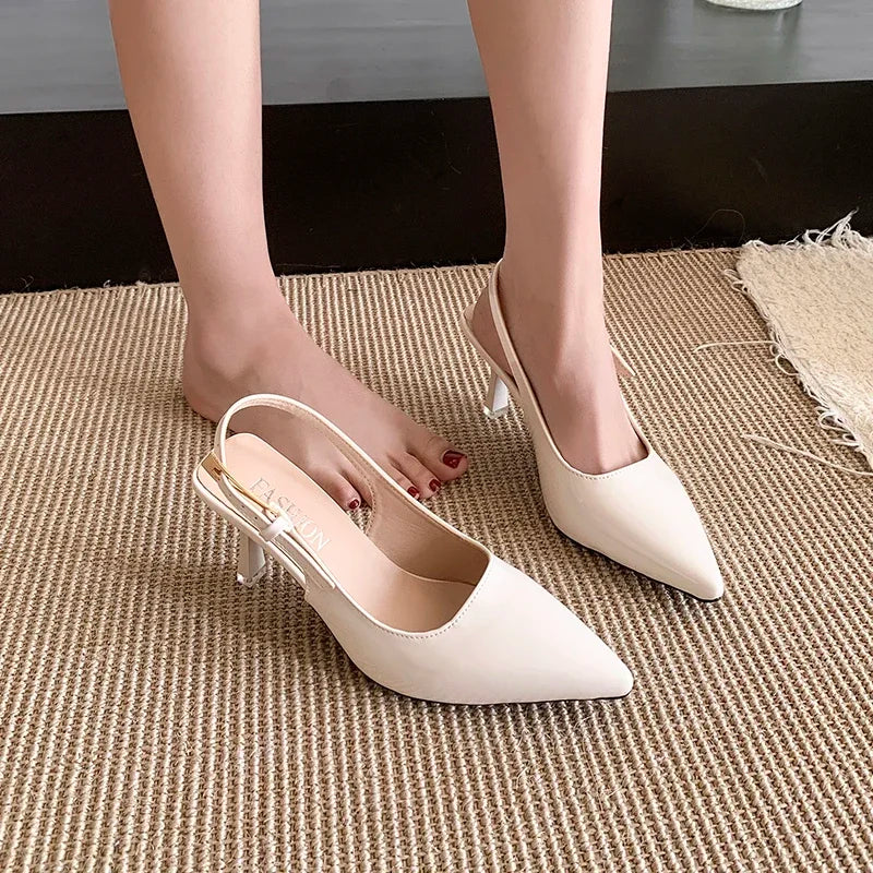 High-quality sandals sexy patent leather stiletto heels pointed toe nude elegant dress shoes large size