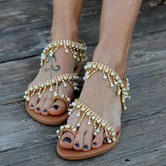 Hot Sale Casual Open Toe Pearl Sandals Lightweight Comfort Beach Slippers with Ankle Strap