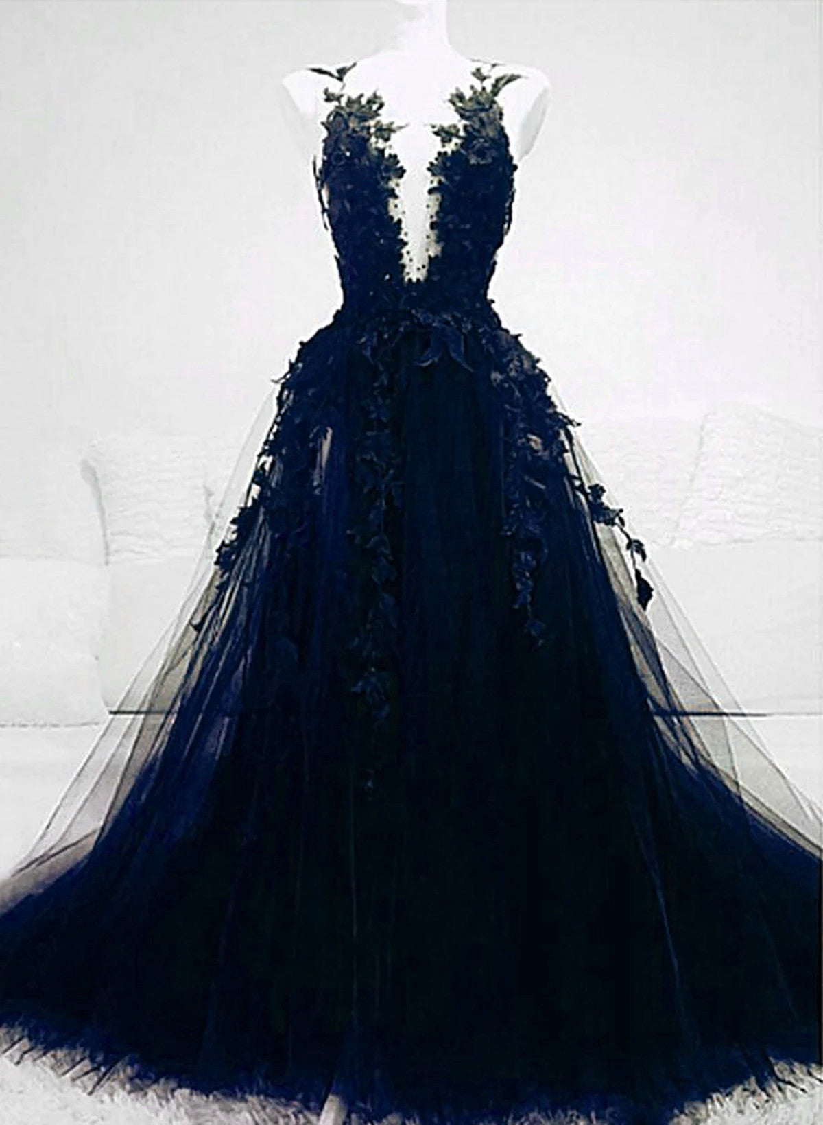 Dark Blue Tulle With Lace Long Evening Dress