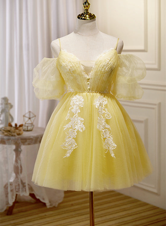 Light Yellow Tulle with Lace Puffy Sleeves Party Dress
