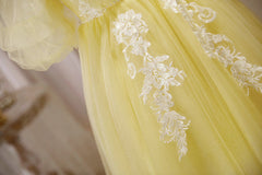 Light Yellow Tulle with Lace Puffy Sleeves Party Dress