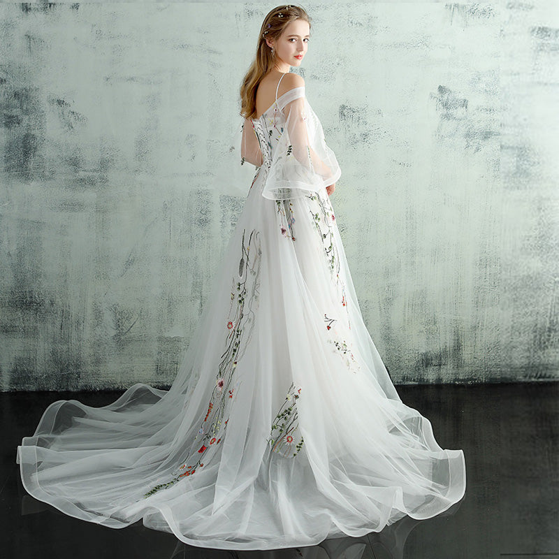 White Tulle Lace  Spaghetti Straps Long Evening Dress