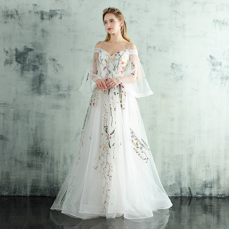 White Tulle Lace  Spaghetti Straps Long Evening Dress