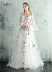 White Tulle Lace  Spaghetti Straps Long Evening Dress