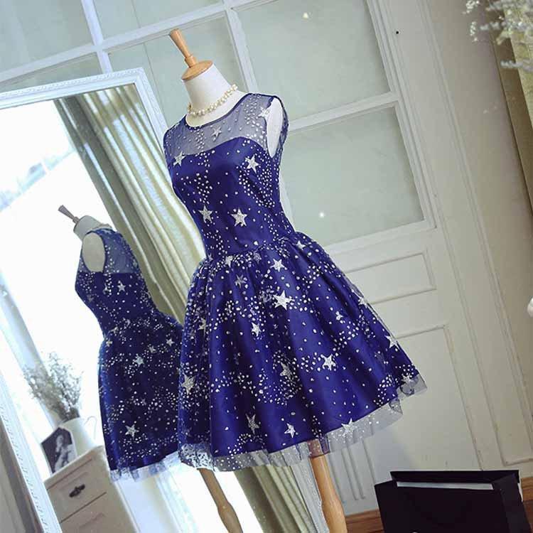 Blue Short Beautiful Homecoming Dress Tulle SleevelessProm Dress