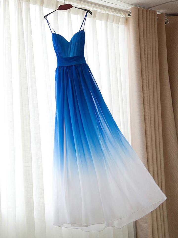 Blue Straps Gradient Chiffon Party Gown