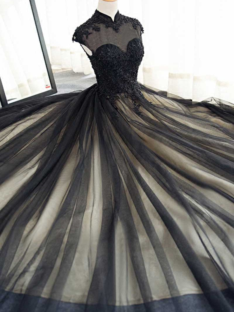 Elegante vestido de fiesta con cuello alto y cola dulce y diamantes de imitación 