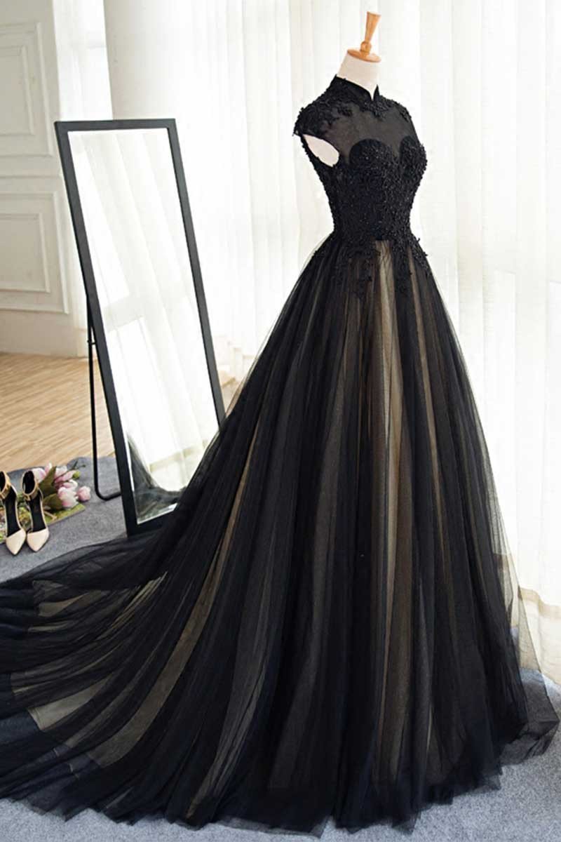 Elegante vestido de fiesta con cuello alto y cola dulce y diamantes de imitación 