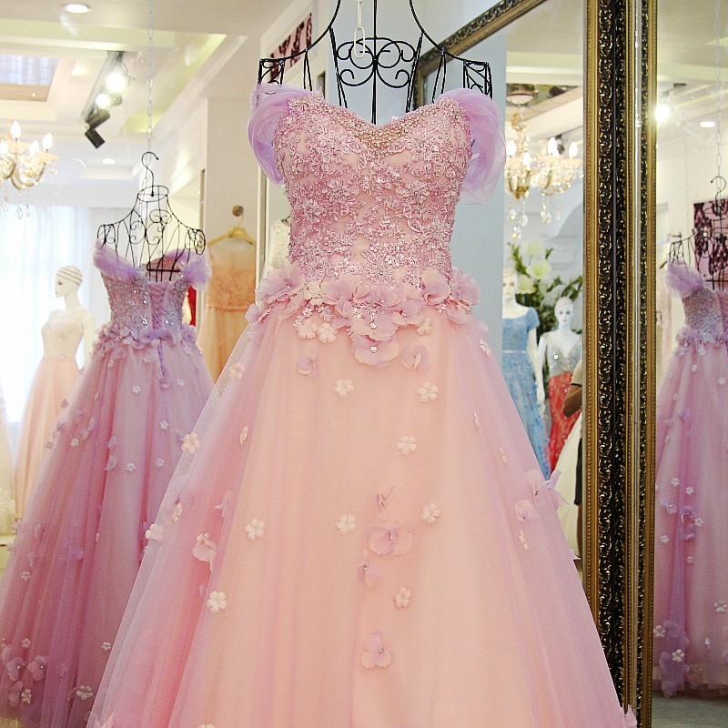 Pink Off Shoulder Lace Applique Tulle Flowers Prom Dress