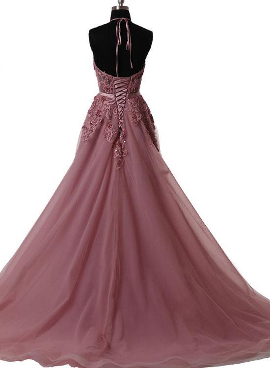 Vestido formal largo con cuello halter y cordones en color rosa 