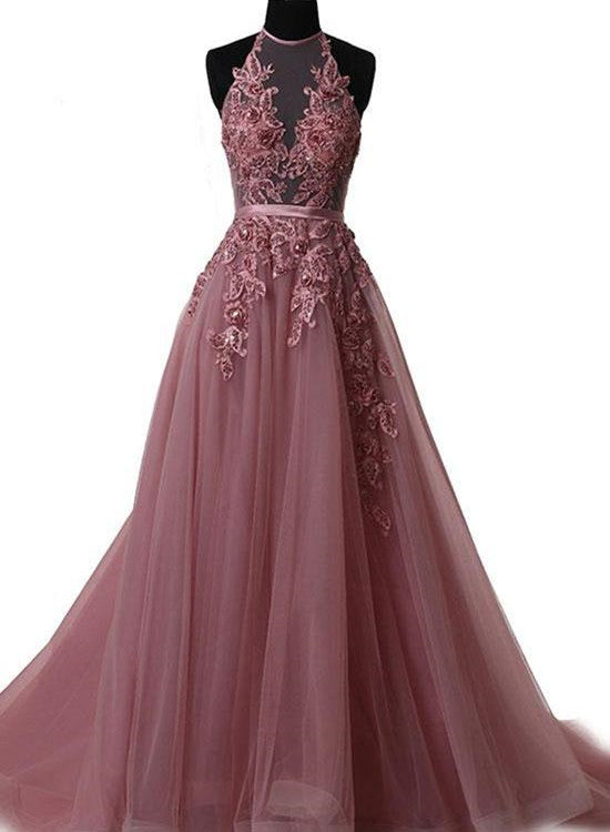 Vestido formal largo con cuello halter y cordones en color rosa 