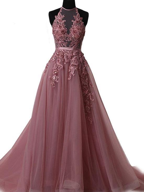 Vestido formal largo con cuello halter y cordones en color rosa 