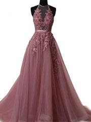 Vestido formal largo con cuello halter y cordones en color rosa 