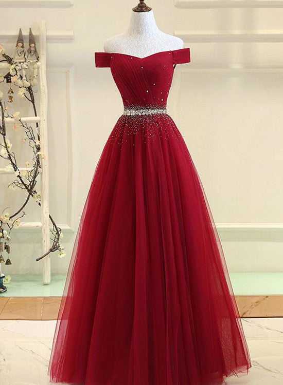 Charming Off Shoulder Tulle Beaded Prom Gown