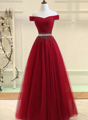 Charming Off Shoulder Tulle Beaded Prom Gown