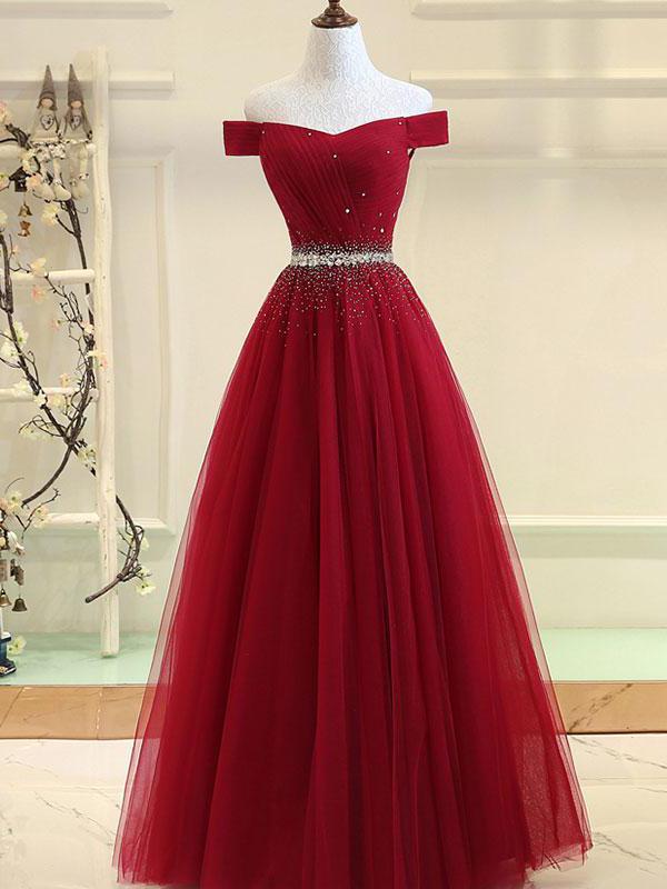 Charming Off Shoulder Tulle Beaded Prom Gown
