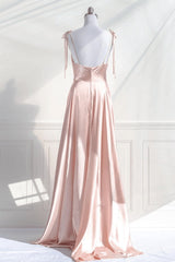 Vestido de noche largo con tirantes de satén rosa y espalda baja 